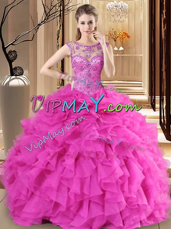 Wonderful Hot Pink Scoop Neckline Beading and Ruffles Quinceanera Dresses Sleeveless Lace Up
