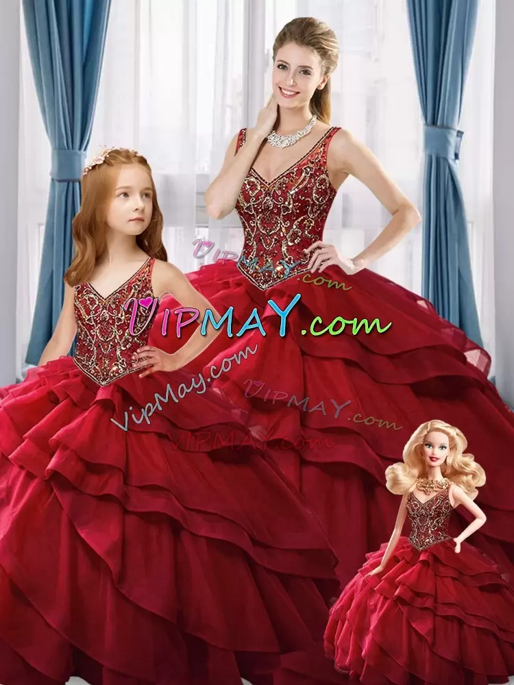 Suitable Floor Length Lace Up 15th Birthday Dress Red for Sweet 16 and Quinceanera with Beading and Ruffled Layers