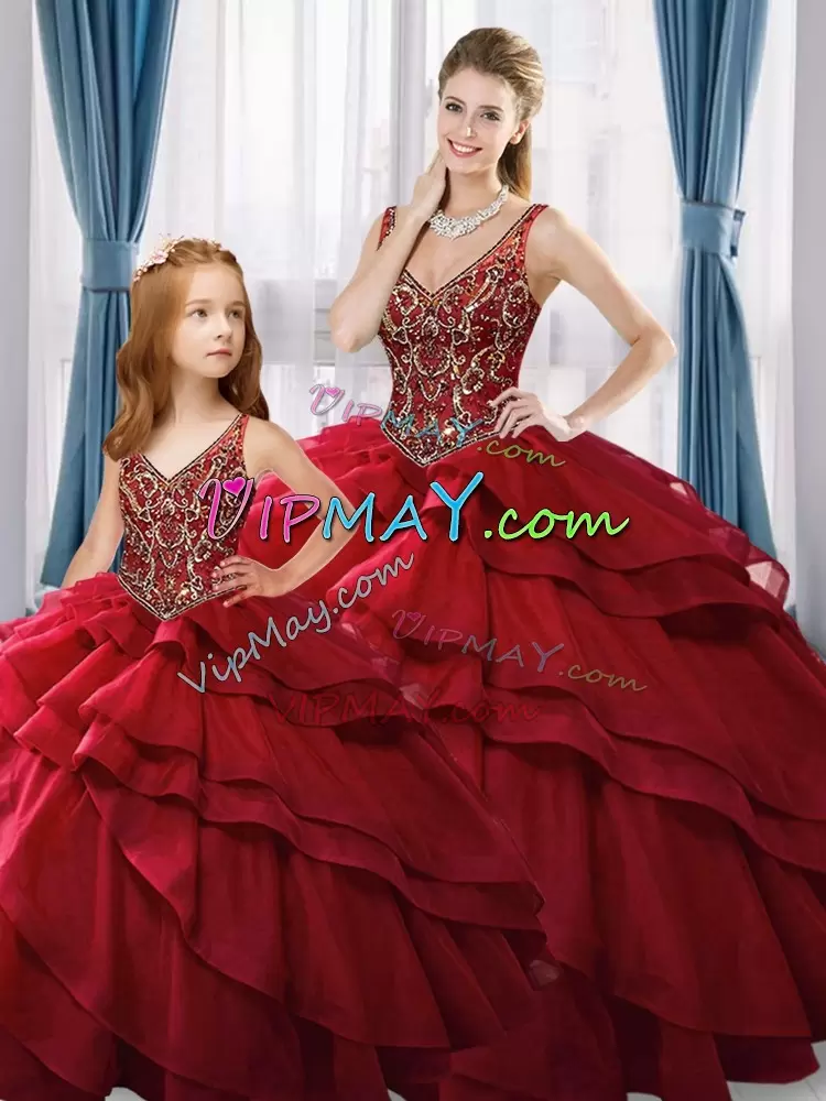 Suitable Floor Length Lace Up 15th Birthday Dress Red for Sweet 16 and Quinceanera with Beading and Ruffled Layers