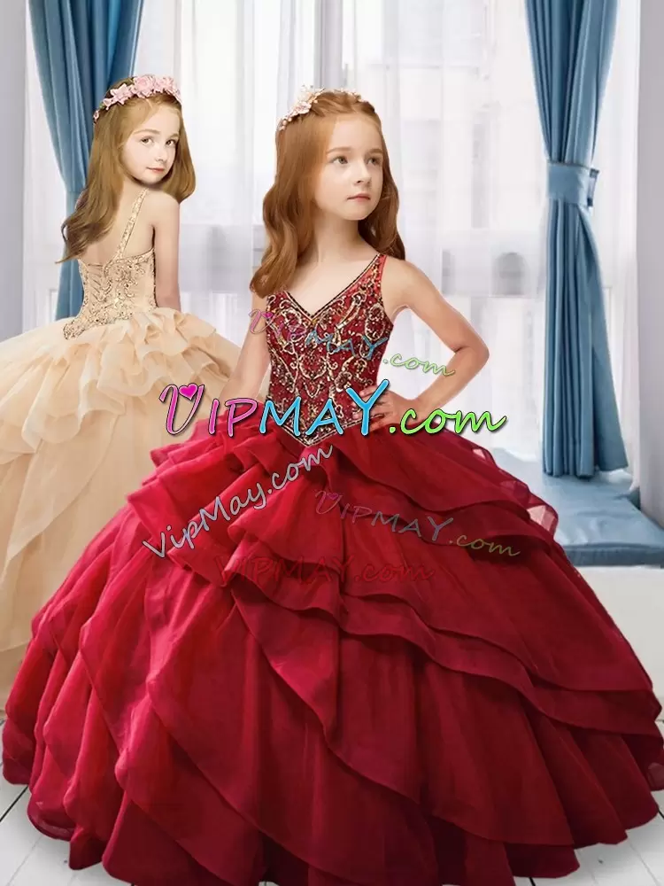 Suitable Floor Length Lace Up 15th Birthday Dress Red for Sweet 16 and Quinceanera with Beading and Ruffled Layers