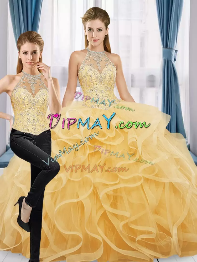 Affordable Halter Top Sleeveless Ball Gown Prom Dress Floor Length Beading and Ruffles Gold Tulle