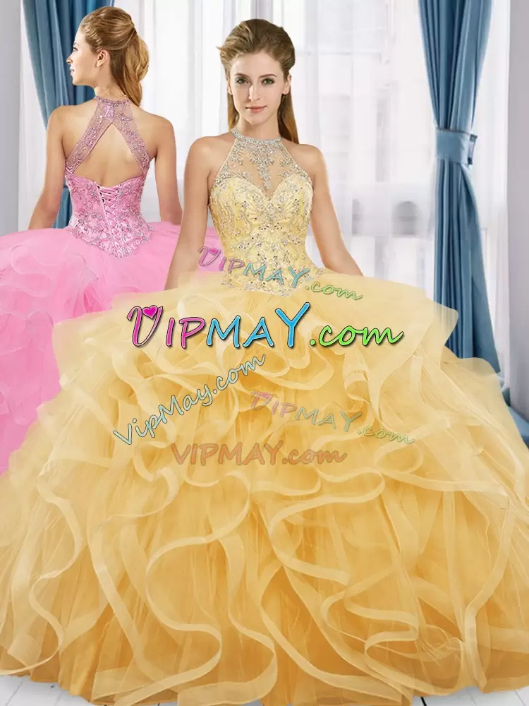 Affordable Halter Top Sleeveless Ball Gown Prom Dress Floor Length Beading and Ruffles Gold Tulle