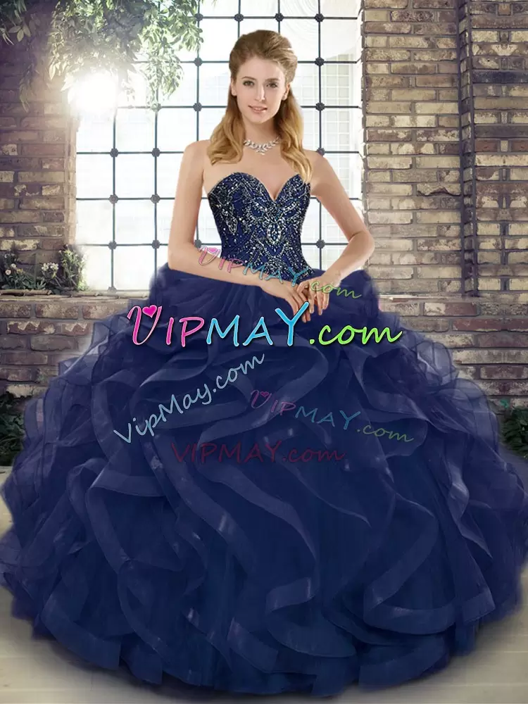 Dazzling Sleeveless Tulle Floor Length Lace Up 15th Birthday Dress in Navy Blue with Beading and Ruffles