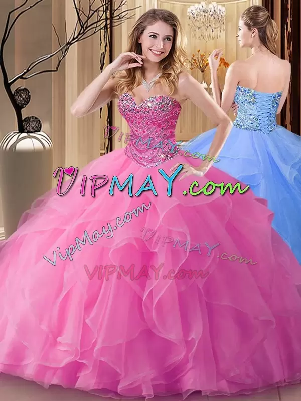 Sumptuous Floor Length Lace Up Quinceanera Dresses Rose Pink for Military Ball and Sweet 16 and Quinceanera with Beading