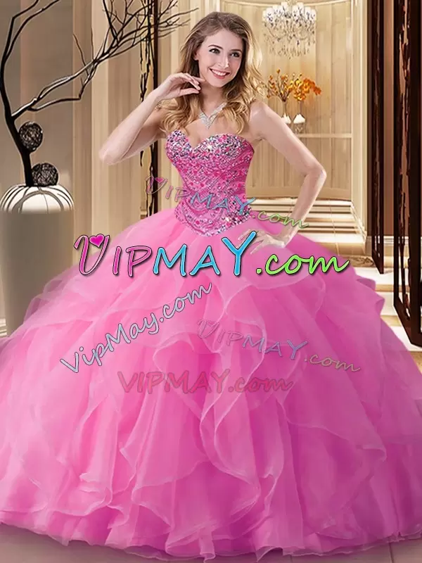 Sumptuous Floor Length Lace Up Quinceanera Dresses Rose Pink for Military Ball and Sweet 16 and Quinceanera with Beading