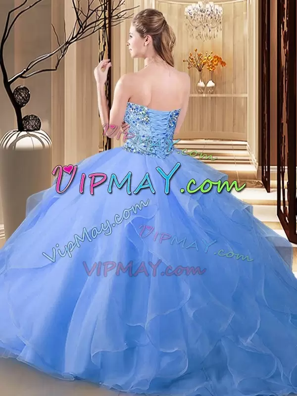 Sumptuous Floor Length Lace Up Quinceanera Dresses Rose Pink for Military Ball and Sweet 16 and Quinceanera with Beading