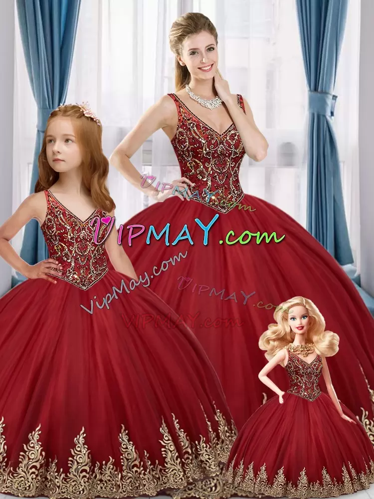 Custom Designed Floor Length Lace Up Quinceanera Dress Red for Sweet 16 and Quinceanera with Beading and Embroidery