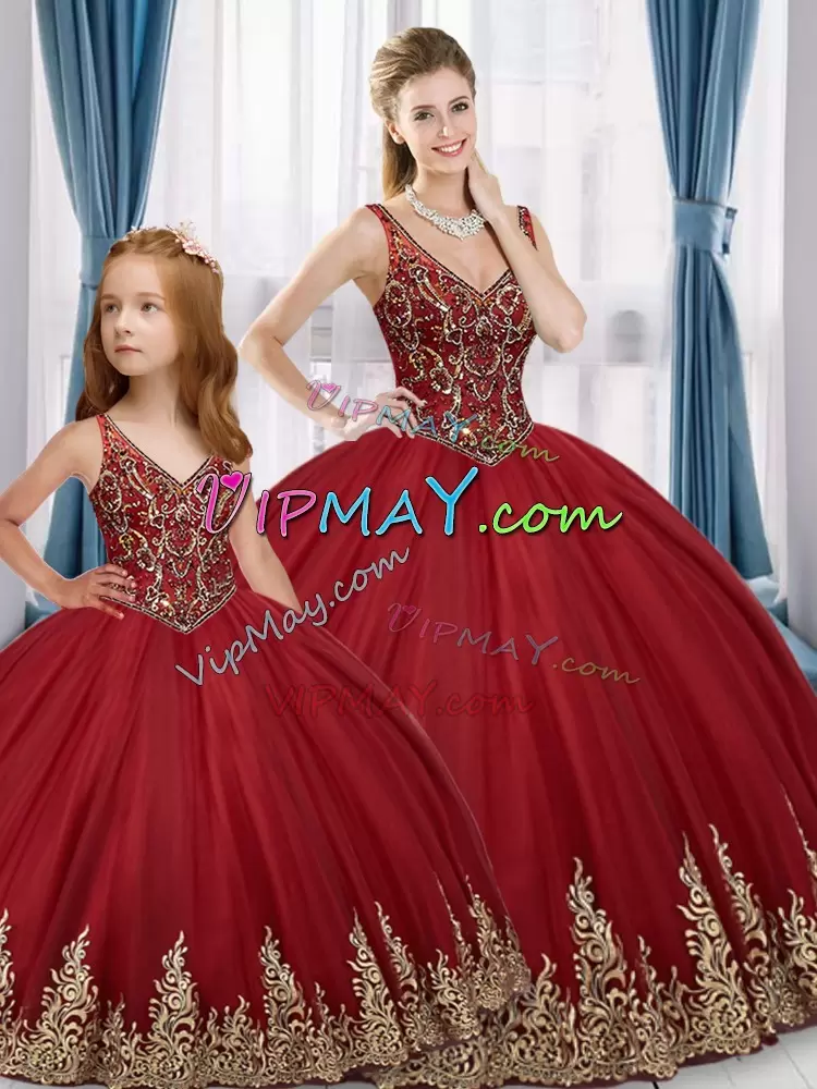 Custom Designed Floor Length Lace Up Quinceanera Dress Red for Sweet 16 and Quinceanera with Beading and Embroidery