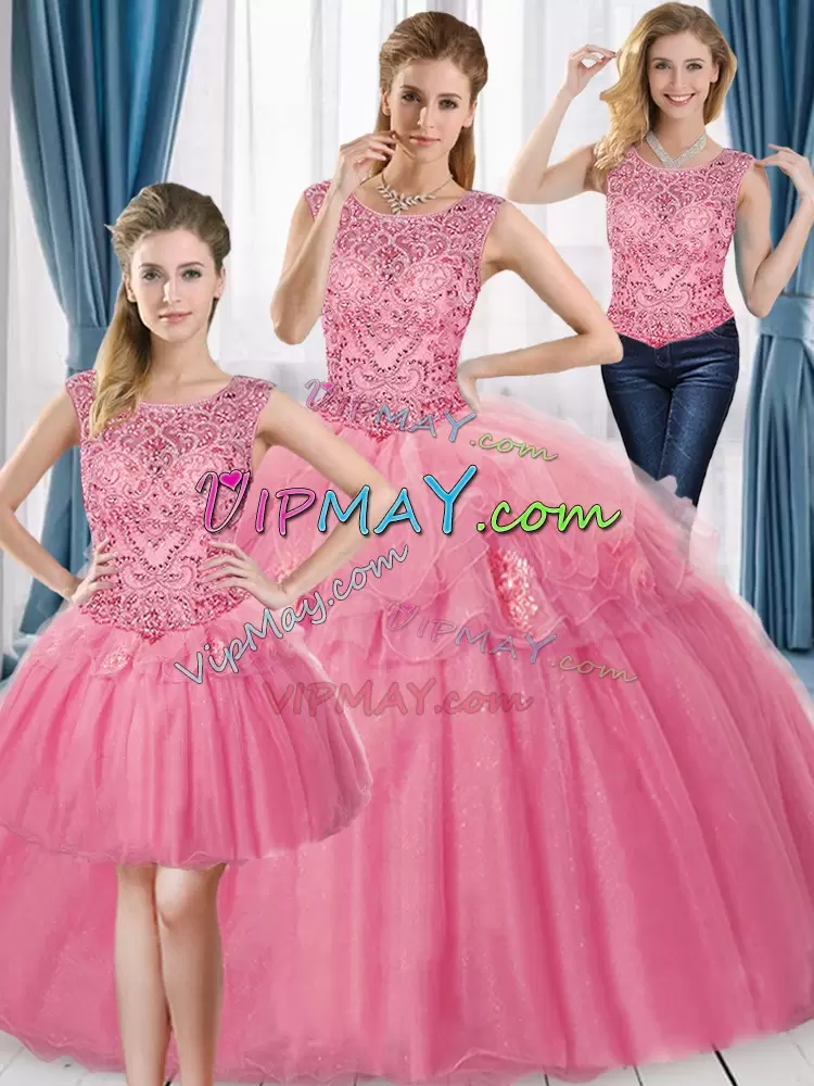 Adorable Pink Ball Gowns Scoop Sleeveless Tulle Floor Length Beading Quinceanera Gowns