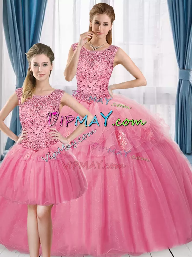 Adorable Pink Ball Gowns Scoop Sleeveless Tulle Floor Length Beading Quinceanera Gowns