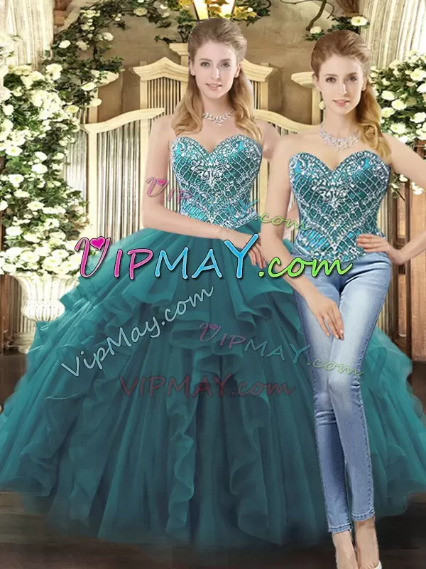 Clearance Floor Length Ball Gowns Sleeveless Teal 15 Quinceanera Dress Lace Up