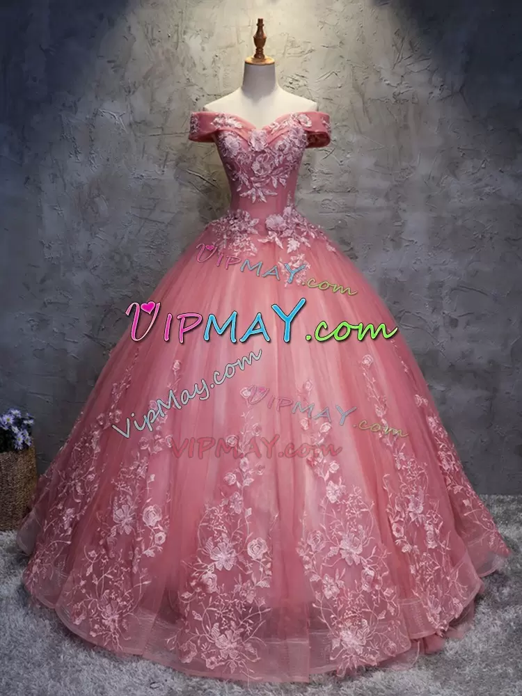 Beauteous Watermelon Red Tulle Off the Shoulder Sweet 16 Dress Under 200