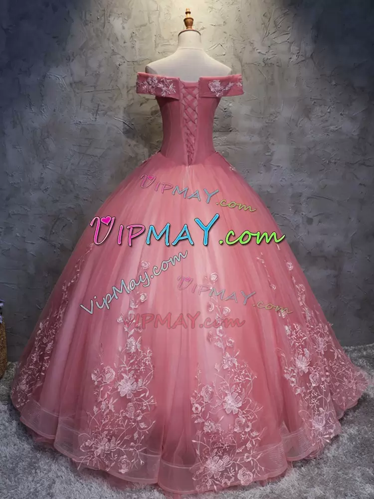 Beauteous Watermelon Red Tulle Off the Shoulder Sweet 16 Dress Under 200