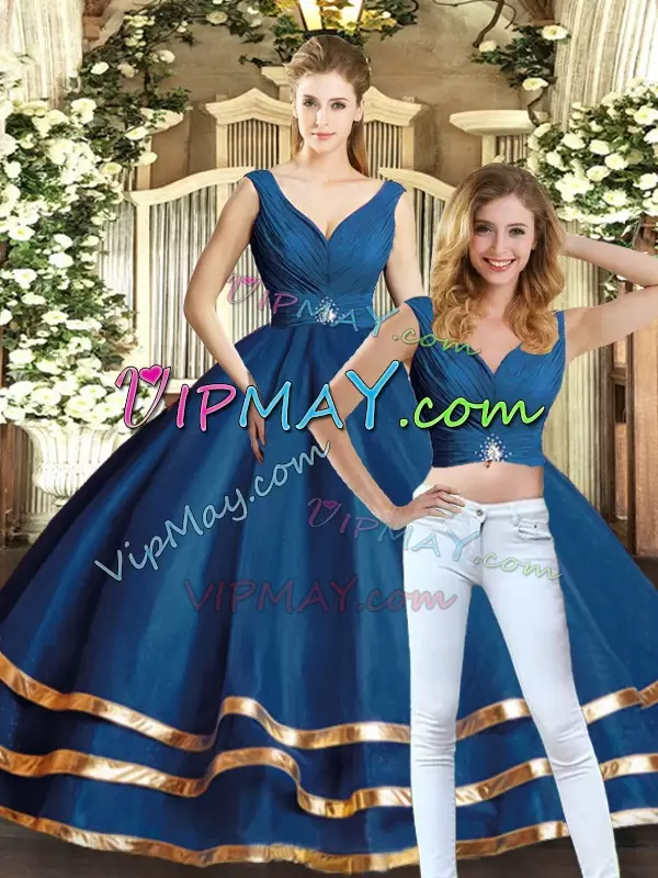 New Style V-neck Sleeveless Quinceanera Dress Floor Length Beading and Ruffled Layers Navy Blue Tulle