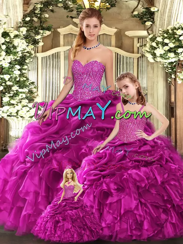 Designer Sleeveless Organza Floor Length Lace Up Quinceanera Dress in Fuchsia with Beading and Ruffles