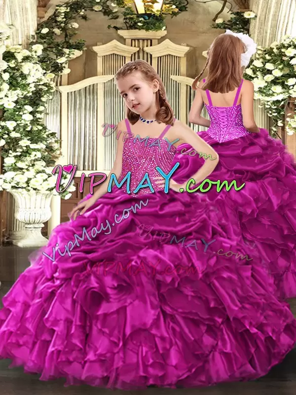 Designer Sleeveless Organza Floor Length Lace Up Quinceanera Dress in Fuchsia with Beading and Ruffles