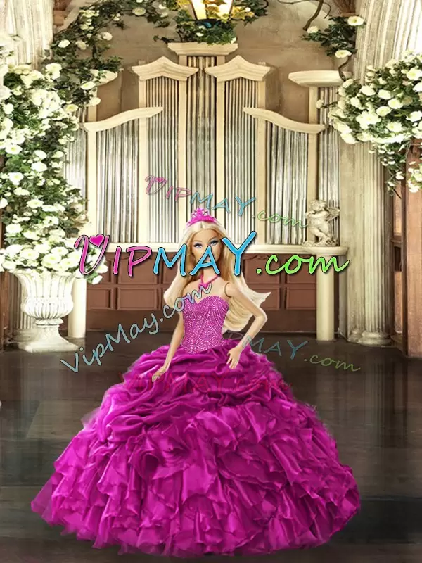 Designer Sleeveless Organza Floor Length Lace Up Quinceanera Dress in Fuchsia with Beading and Ruffles