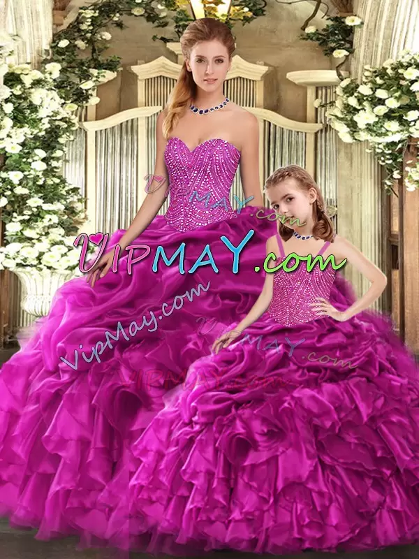 Designer Sleeveless Organza Floor Length Lace Up Quinceanera Dress in Fuchsia with Beading and Ruffles