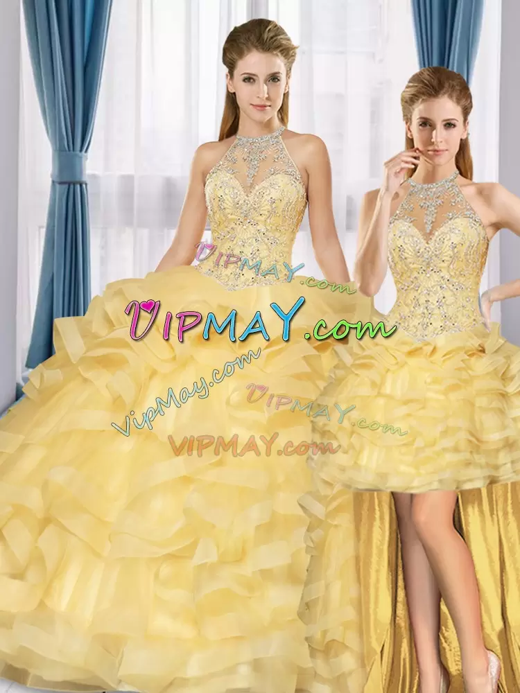 Gold Sweet 16 Dresses Military Ball and Sweet 16 and Quinceanera with Beading and Ruffled Layers High-neck Sleeveless Sweep Train Lace Up