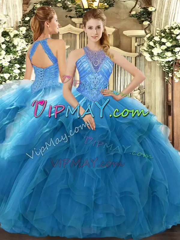 Fashion High-neck Sleeveless Vestidos de Quinceanera Floor Length Beading and Ruffles Teal Organza