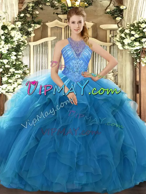 Fashion High-neck Sleeveless Vestidos de Quinceanera Floor Length Beading and Ruffles Teal Organza