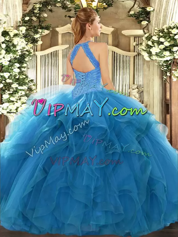 Fashion High-neck Sleeveless Vestidos de Quinceanera Floor Length Beading and Ruffles Teal Organza