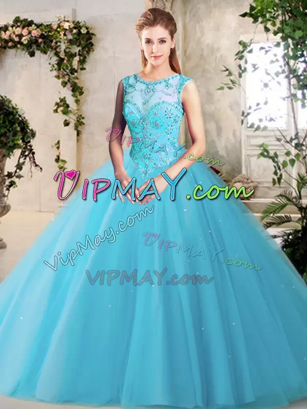 Romantic Baby Blue Ball Gowns Beading Quinceanera Dresses Lace Up Tulle Sleeveless Floor Length