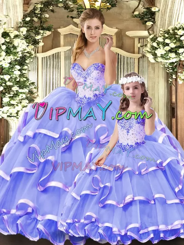 Lavender Sleeveless Tulle Lace Up Quince Ball Gowns for Military Ball and Sweet 16 and Quinceanera