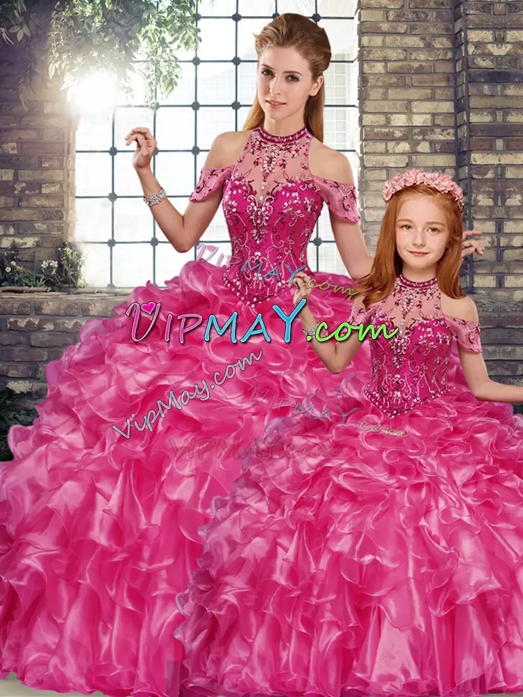 Luxurious Floor Length Ball Gowns Sleeveless Fuchsia Quince Ball Gowns Lace Up