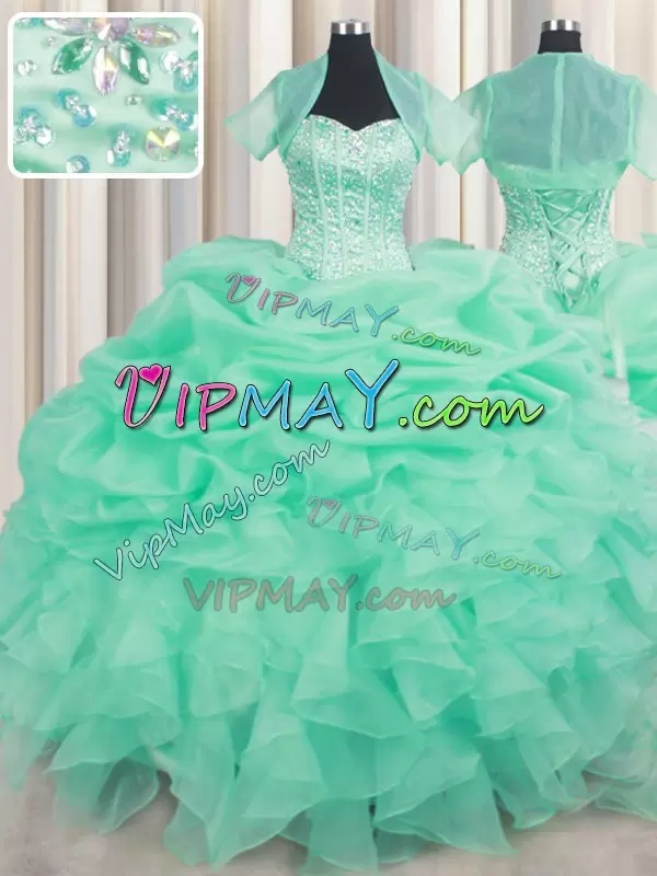 Apple Green Sleeveless Organza Lace Up 15 Quinceanera Dress for Military Ball and Sweet 16 and Quinceanera
