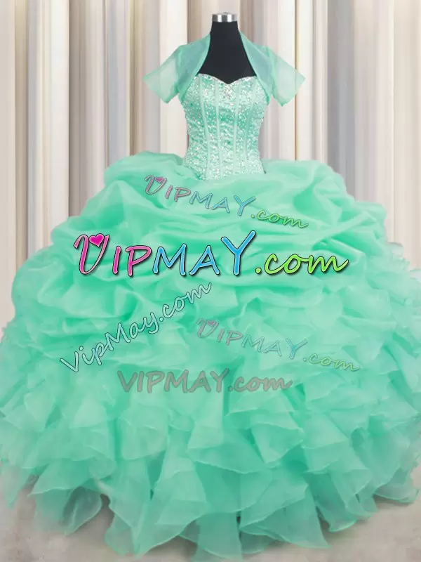 Apple Green Sleeveless Organza Lace Up 15 Quinceanera Dress for Military Ball and Sweet 16 and Quinceanera