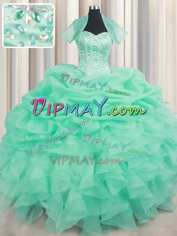 Apple Green Sleeveless Organza Lace Up 15 Quinceanera Dress for Military Ball and Sweet 16 and Quinceanera