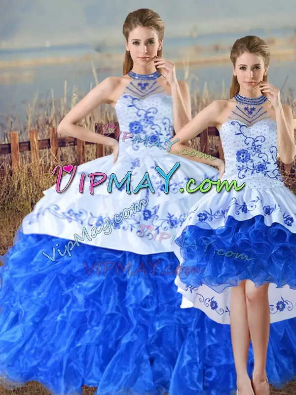 Top Selling Floor Length Three Pieces Sleeveless Blue And White Quinceanera Dress Court Train Lace Up