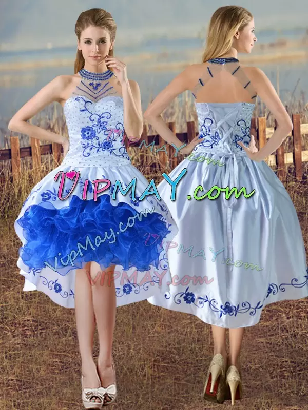 Top Selling Floor Length Three Pieces Sleeveless Blue And White Quinceanera Dress Court Train Lace Up