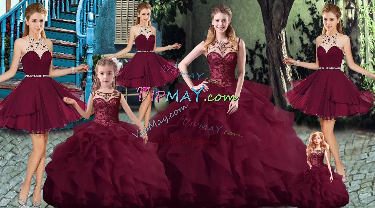 Scoop Sleeveless Tulle 15 Quinceanera Dress Beading and Ruffles Brush Train Lace Up