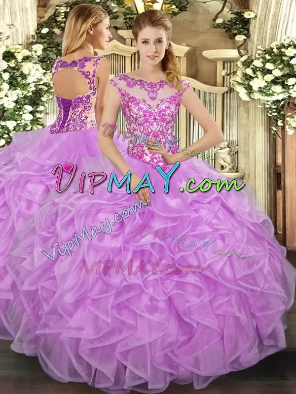 Spectacular Lilac Ball Gowns Beading and Appliques and Ruffles 15 Quinceanera Dress Lace Up Organza Cap Sleeves Floor Length