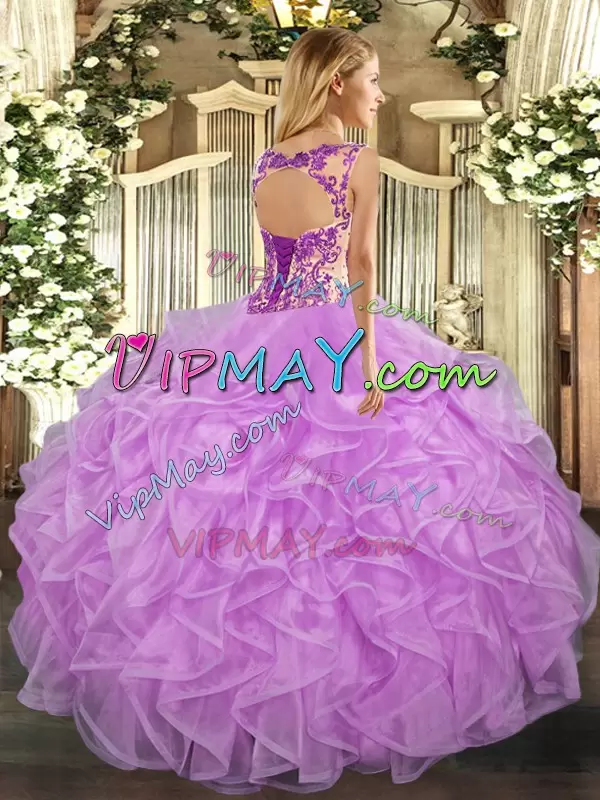 Spectacular Lilac Ball Gowns Beading and Appliques and Ruffles 15 Quinceanera Dress Lace Up Organza Cap Sleeves Floor Length