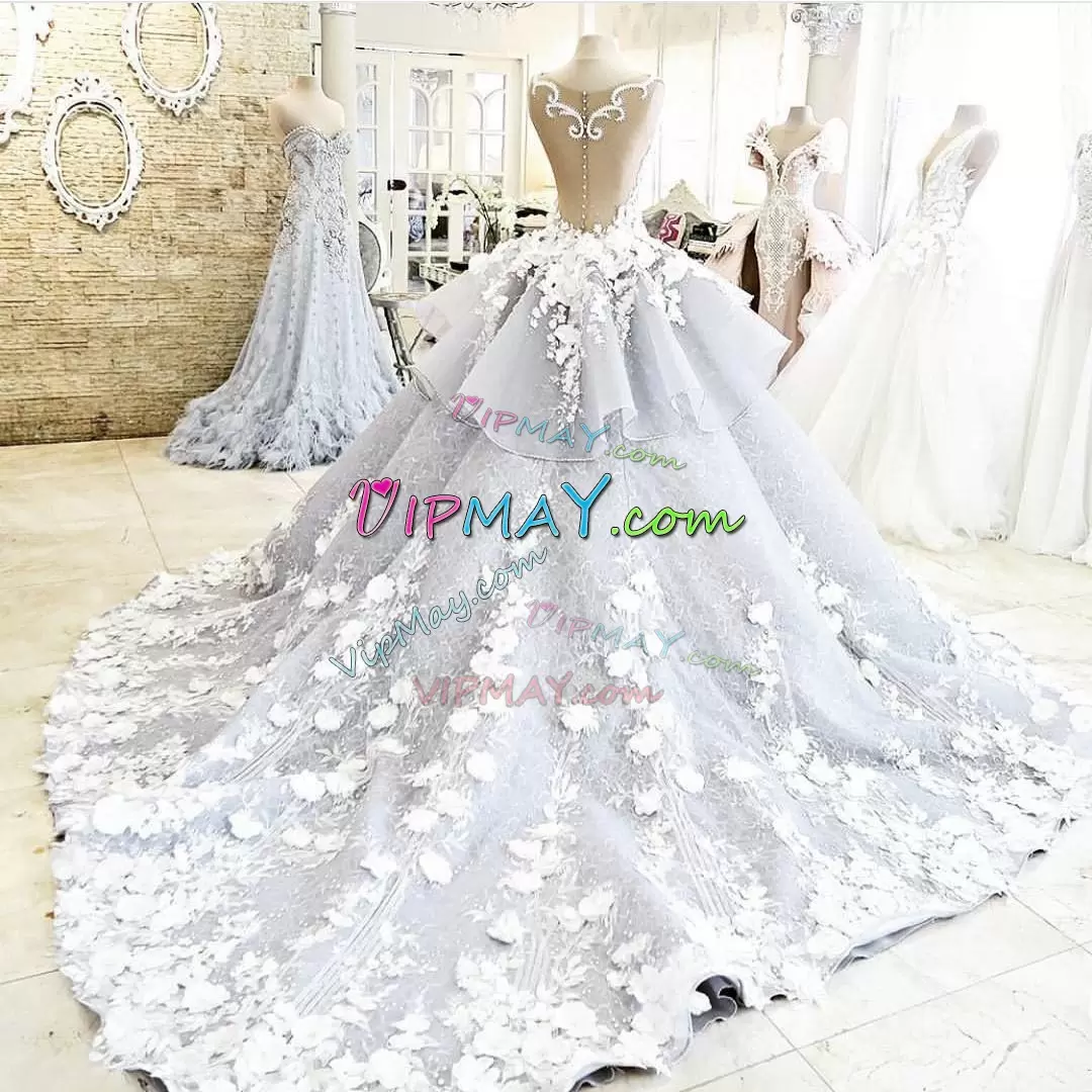 Pale Blue Long Train 3D Flowers Lace Quinceanera Dress Chapel Train