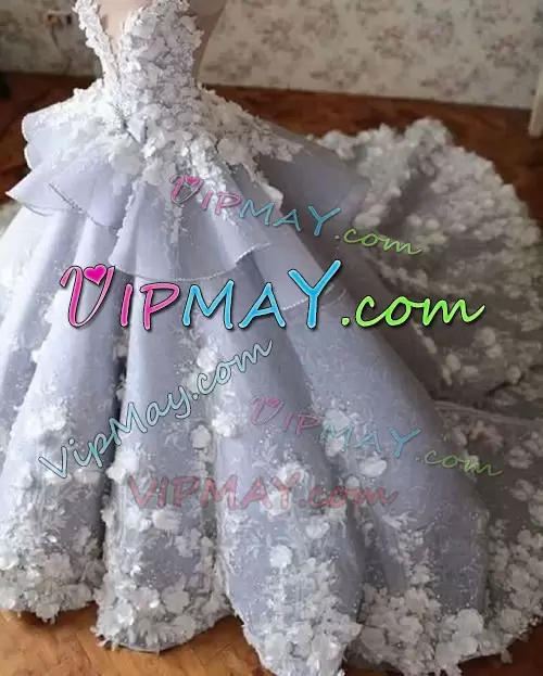 Pale Blue Long Train 3D Flowers Lace Quinceanera Dress Chapel Train