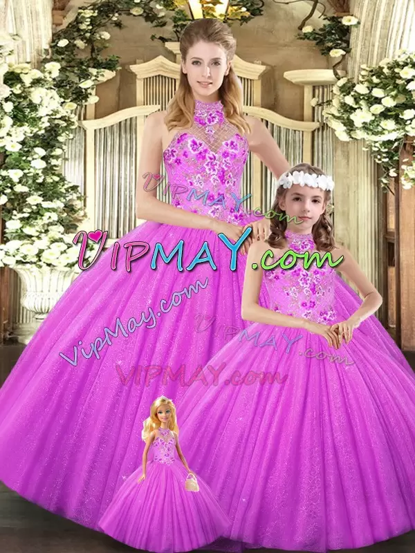 Custom Design Sleeveless Halter Top Embroidery Lace Up 15th Birthday Dress
