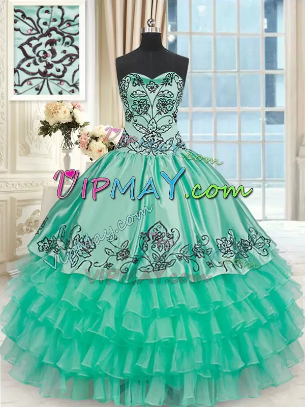 Traditional Turquoise Lace Up Sweet 16 Dresses Embroidery and Ruffled Layers Sleeveless Floor Length