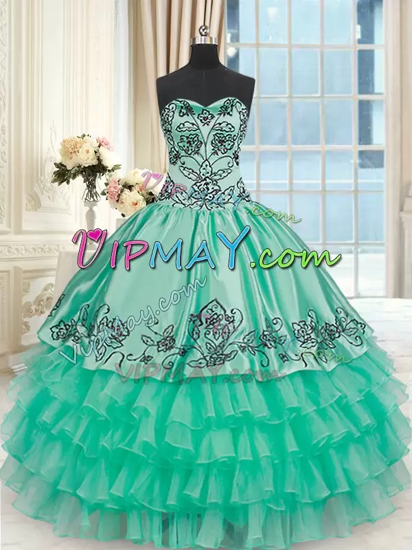 Traditional Turquoise Lace Up Sweet 16 Dresses Embroidery and Ruffled Layers Sleeveless Floor Length