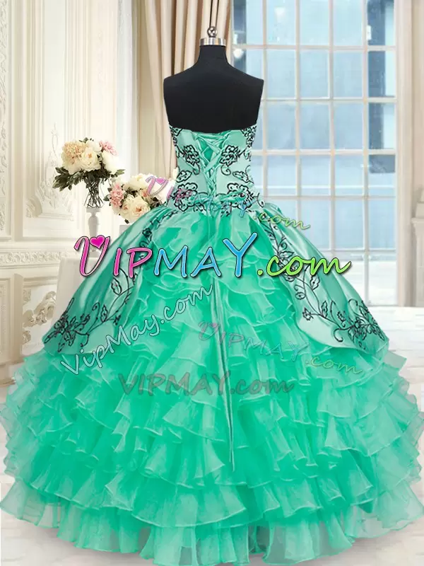 Traditional Turquoise Lace Up Sweet 16 Dresses Embroidery and Ruffled Layers Sleeveless Floor Length