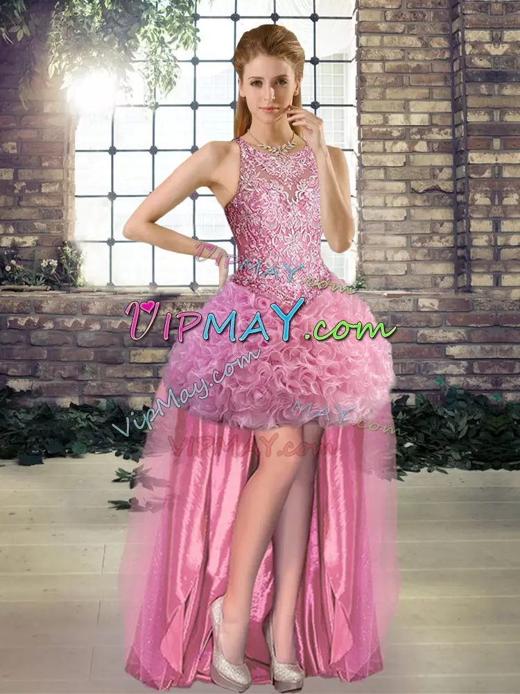 Sleeveless Floor Length Beading Lace Up Ball Gown Prom Dress with Rose Pink
