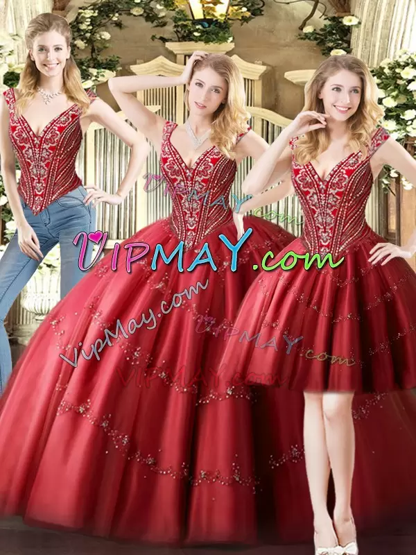 Clearance Floor Length Wine Red Quinceanera Gown V-neck Sleeveless Lace Up