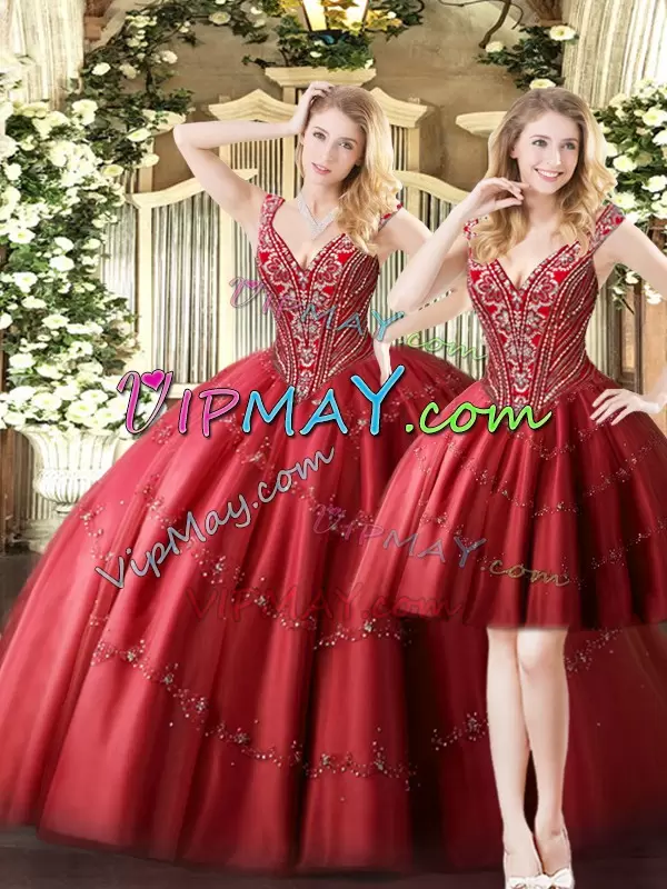 Clearance Floor Length Wine Red Quinceanera Gown V-neck Sleeveless Lace Up