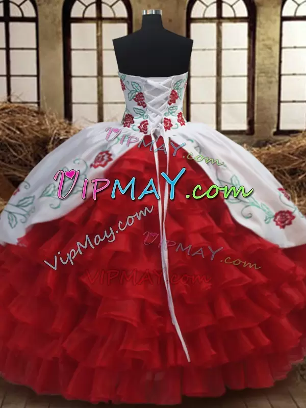 Unique Sleeveless Floor Length Embroidery and Ruffled Layers Lace Up Sweet 16 Dress with White and Red