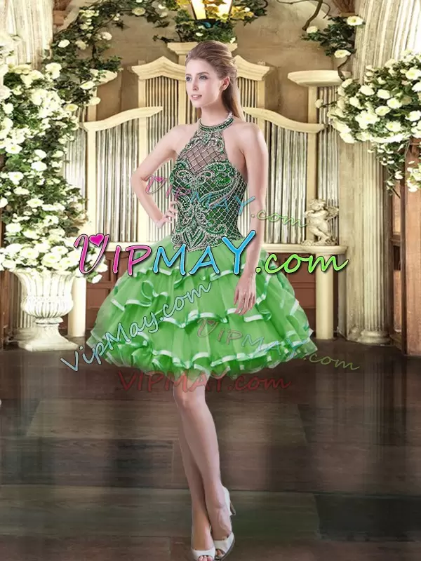 Stunning Green High-neck Lace Up Beading and Ruffled Layers 15th Birthday Dress Sleeveless