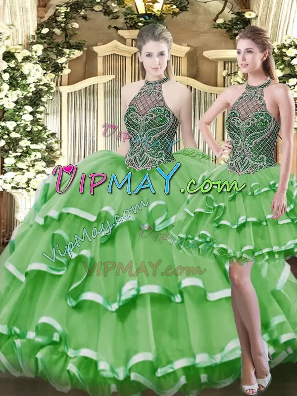 Stunning Green High-neck Lace Up Beading and Ruffled Layers 15th Birthday Dress Sleeveless