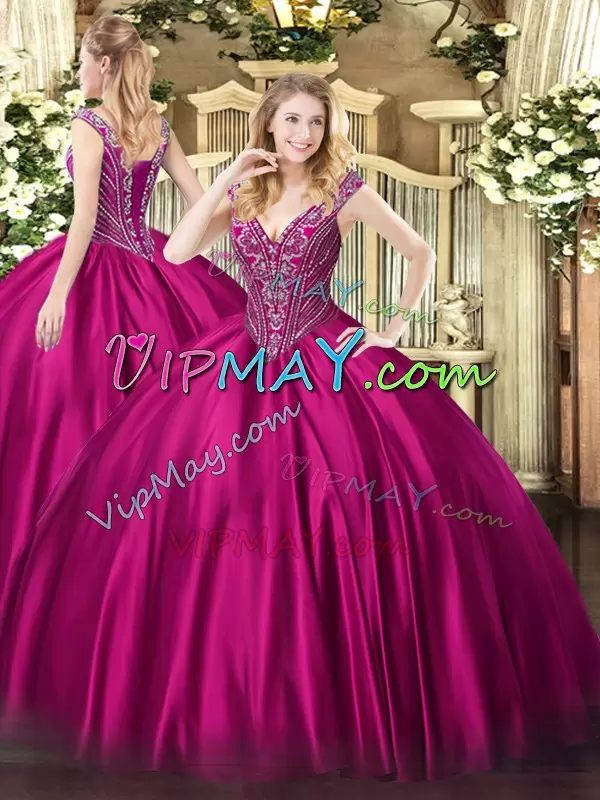 V-neck Sleeveless Lace Up Quinceanera Gown Fuchsia Satin Beading